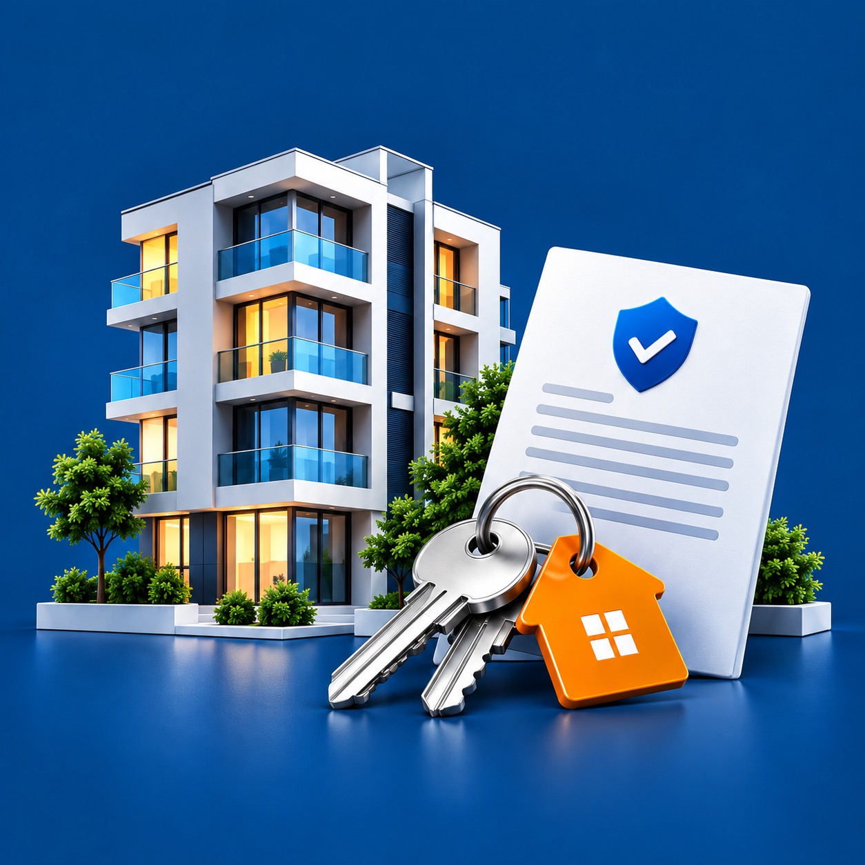 Edificio, documento de seguro y llaves con un llavero naranja en forma de casa